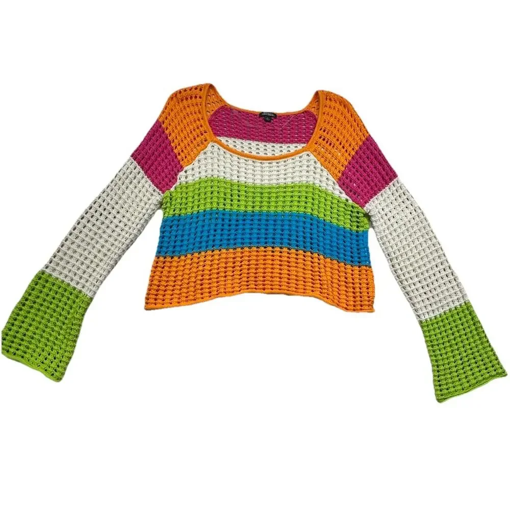 Wild Fable Crochet Y2K Sweater Size XL Open Knit Weave Cotton Striped Bright